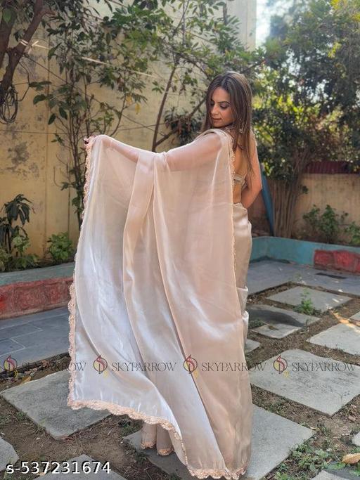 Organza Net Celebrity Sheer Saree with Pearl Weave Golden Lace Border and Designer Running Blouse - The Auric Edit