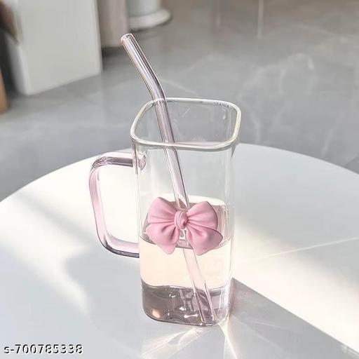 400 ml Pink Bow Glass Sipper with Handle & Daily Use White Straw | Aesthetic Cute Korean Style's Drinkware for Girls & Women Coffee, Cold Drink, Milkshake & Juices Tumbler for Home, Office & Gifting For Girl's - LYNXNEST Store