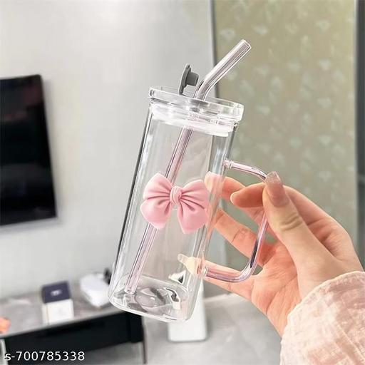 400 ml Pink Bow Glass Sipper with Handle & Daily Use White Straw | Aesthetic Cute Korean Style's Drinkware for Girls & Women Coffee, Cold Drink, Milkshake & Juices Tumbler for Home, Office & Gifting For Girl's - LYNXNEST Store