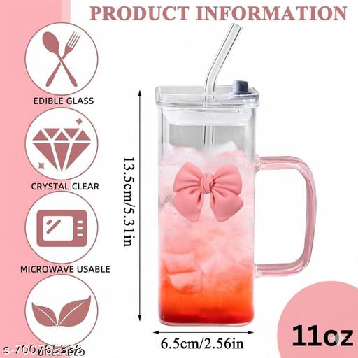 400 ml Pink Bow Glass Sipper with Handle & Daily Use White Straw | Aesthetic Cute Korean Style's Drinkware for Girls & Women Coffee, Cold Drink, Milkshake & Juices Tumbler for Home, Office & Gifting For Girl's - LYNXNEST Store