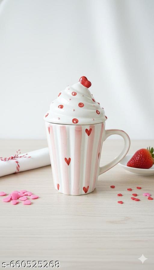 MUDMINGLE Ceramic Coffee Mug with Lid | Heart Design Tea & Coffee Mug | Cute Printed Cup for Home & Office | Pack of 1 - LYNXNEST Store