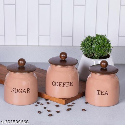 Pink  Airtight Tea Coffee Sugar Storage Jar Set | 700 ml Metal Containers with Wooden Lid & Tray for Kitchen Organization - LYNXNEST Store