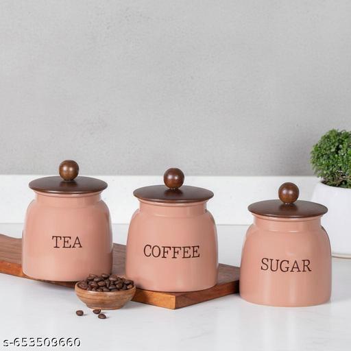 Pink  Airtight Tea Coffee Sugar Storage Jar Set | 700 ml Metal Containers with Wooden Lid & Tray for Kitchen Organization - LYNXNEST Store