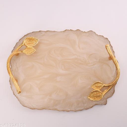 Resin Multipurpose Tray with Golden Handle | Serving Tray for Home & Dining Table | Multipurpose Tray | Water & Heat Resistant Durable| Delicate Tray | Showpiece Tray (Cream) - LYNXNEST Store