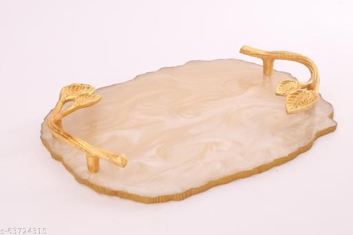 Resin Multipurpose Tray with Golden Handle | Serving Tray for Home & Dining Table | Multipurpose Tray | Water & Heat Resistant Durable| Delicate Tray | Showpiece Tray (Cream) - LYNXNEST Store