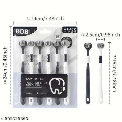 (6 PCS) 3-Sided 360° Complete Teeth Cleaning Toothbrush Set for Adults, Ultra Soft Bristles Triple Head Manual Tooth Brush with Built-in Tongue Cleaner for Deep Plaque Removal, Gum Care and Enamel Protection Toothbrush Kit (Black & White) - Lumae