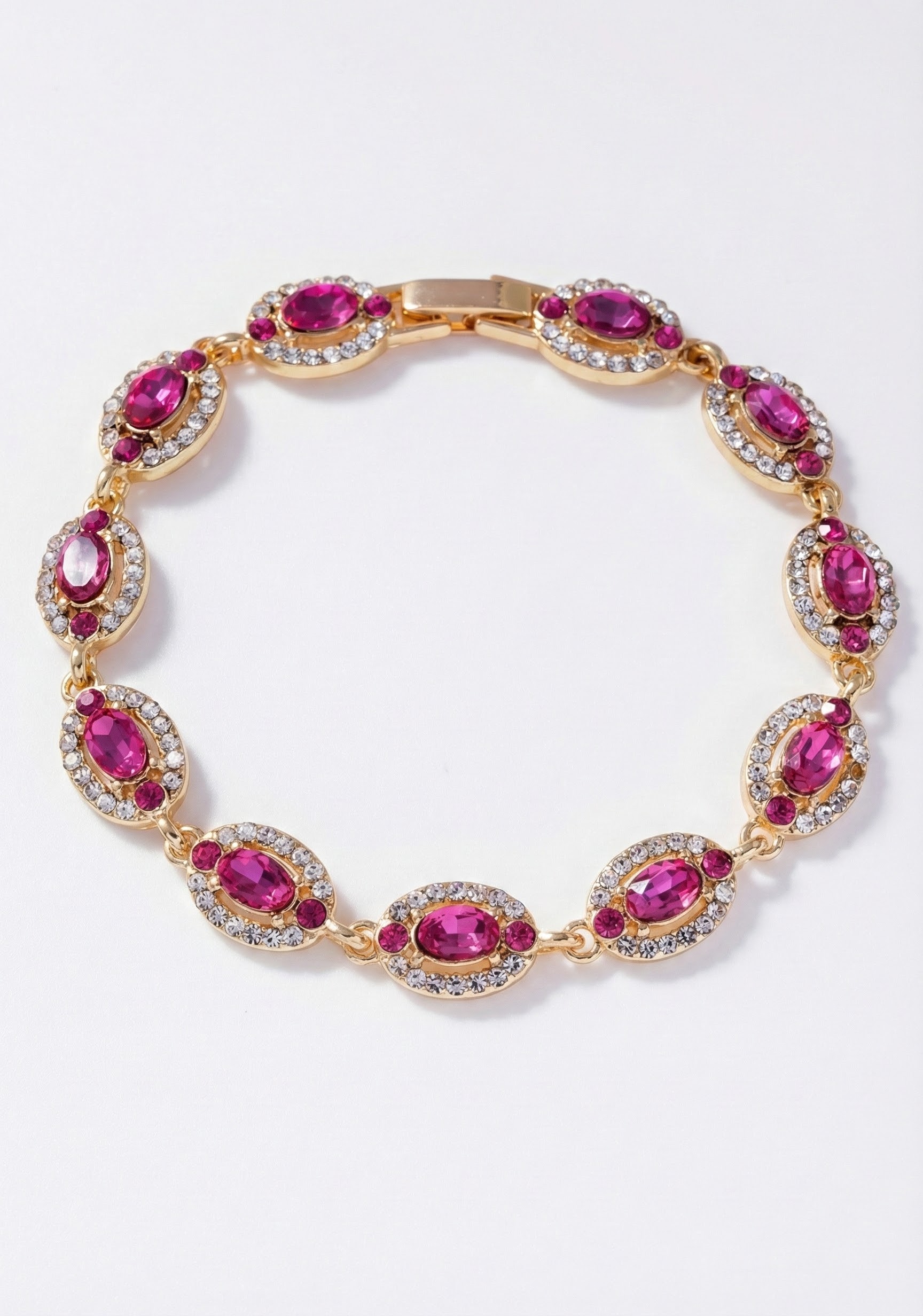 Náramek zlatavého lesku s krystaly briliantového brusu v podobě ametystu