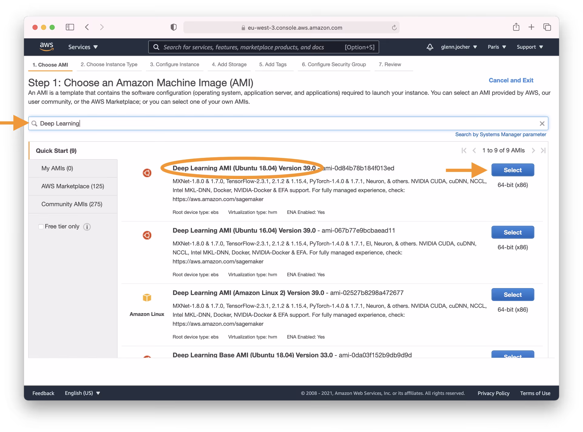 Seleção de AMI de Deep Learning da AWS EC2