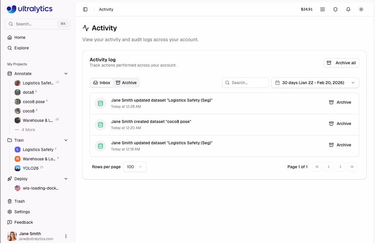 Pagina Attività Ultralytics Scheda Posta in arrivo con elenco eventi