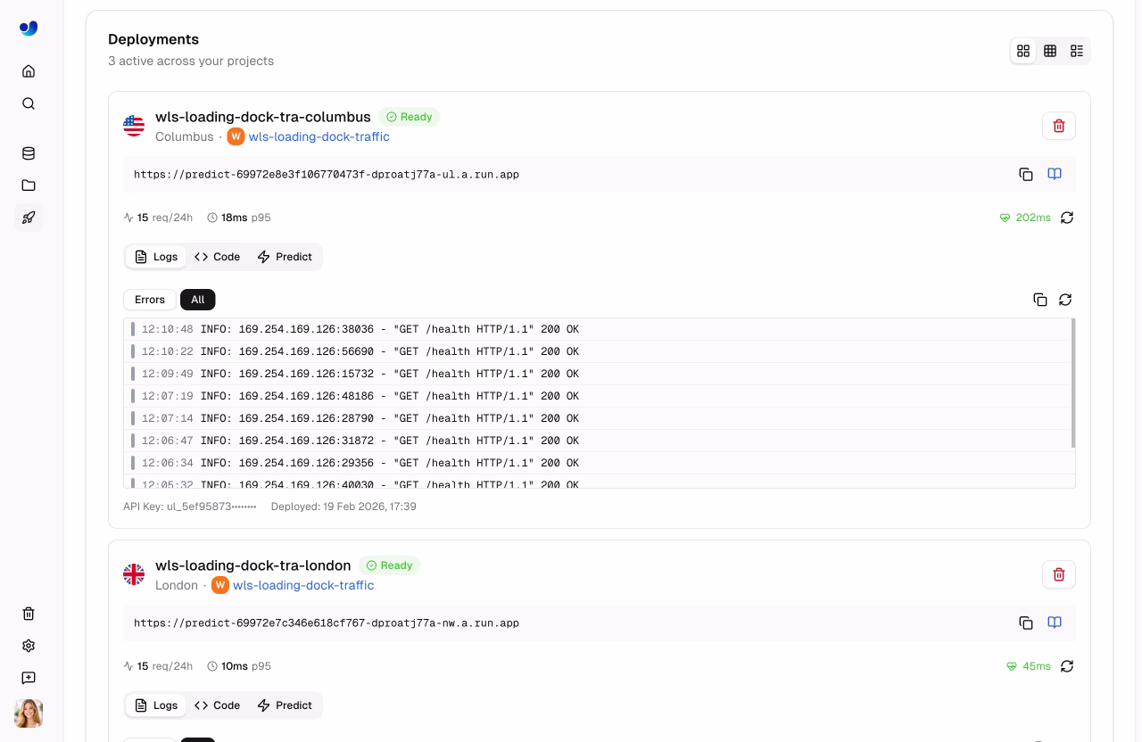 Ultralytics Platform Deploy Tab Active Deployments Cards View