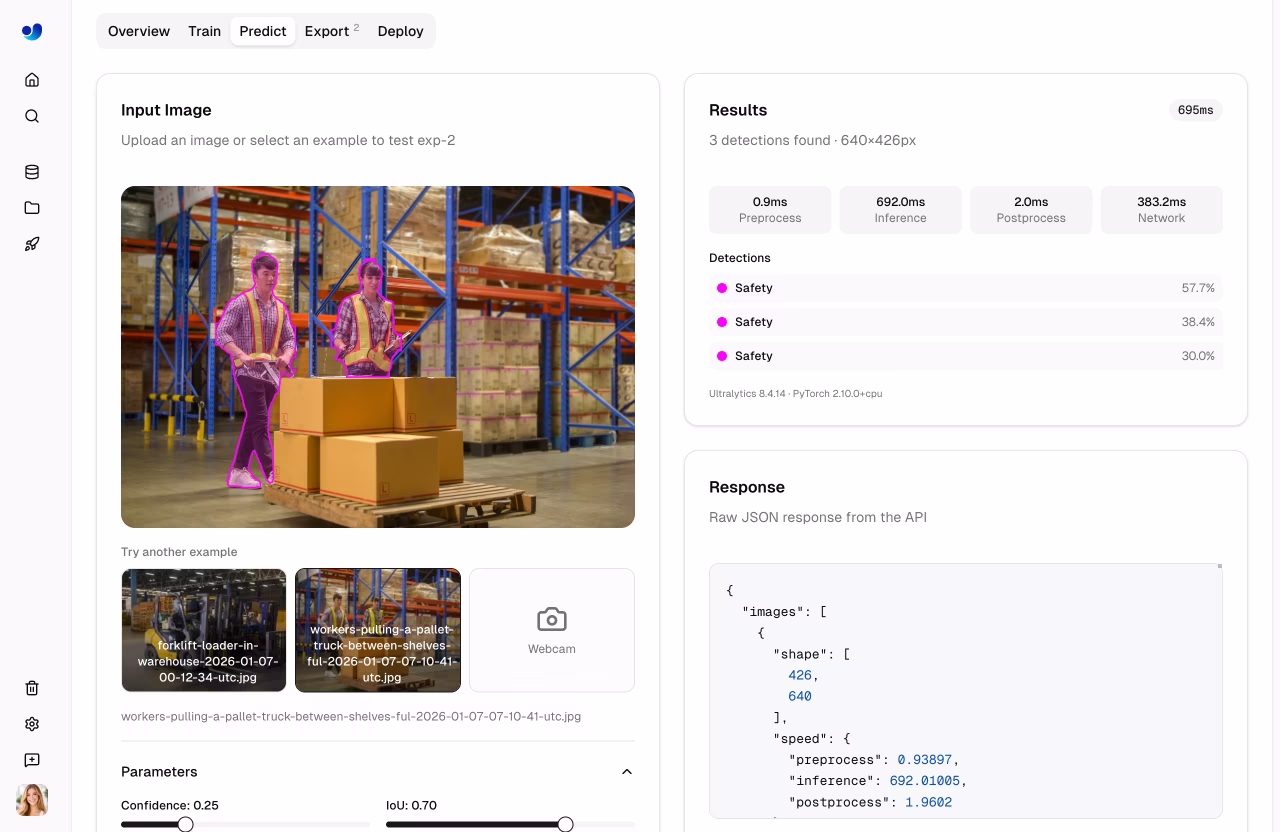 Ultralytics 모델 예측 탭 (탐지 오버레이 포함)