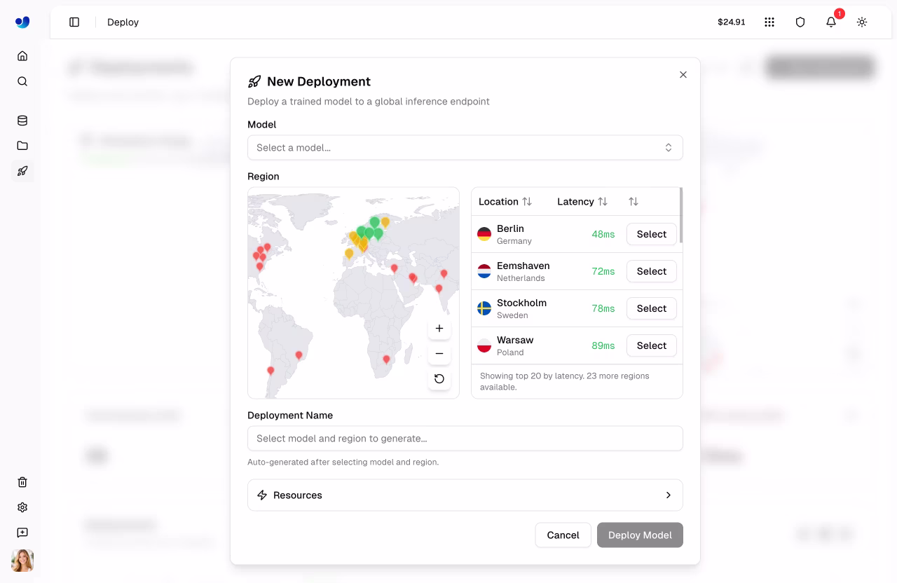 Ultralytics Platform New Deployment Dialog With Model Selector And Region Map