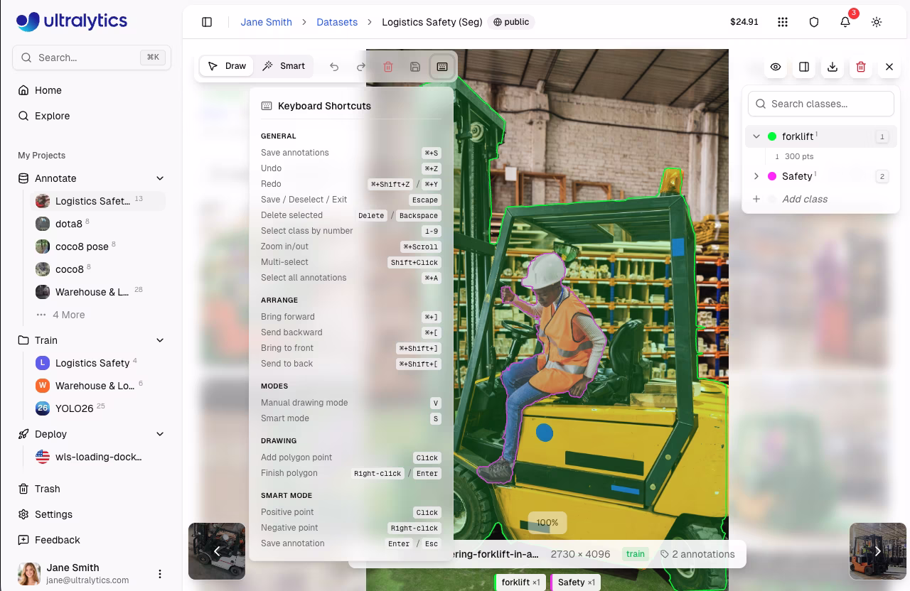 Ultralytics Аннотировать диалоговое окно «Горячие клавиши»