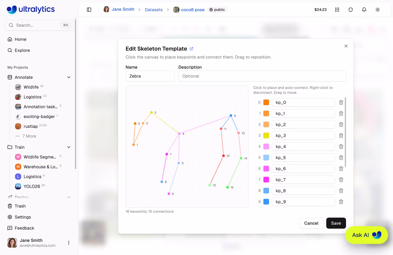 Ultralytics : аннотирование позы с помощью пользовательского шаблона