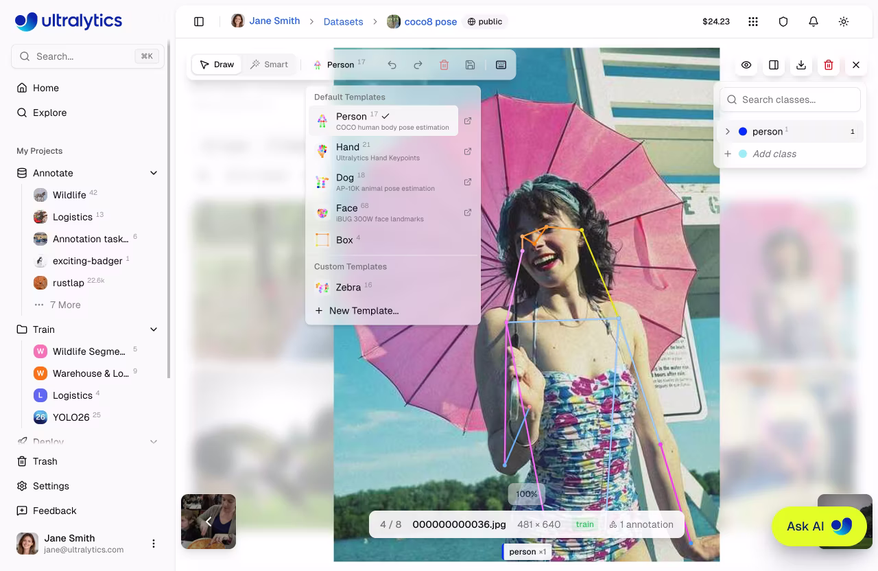 Ultralytics : раскрывающийся список шаблонов аннотации позы