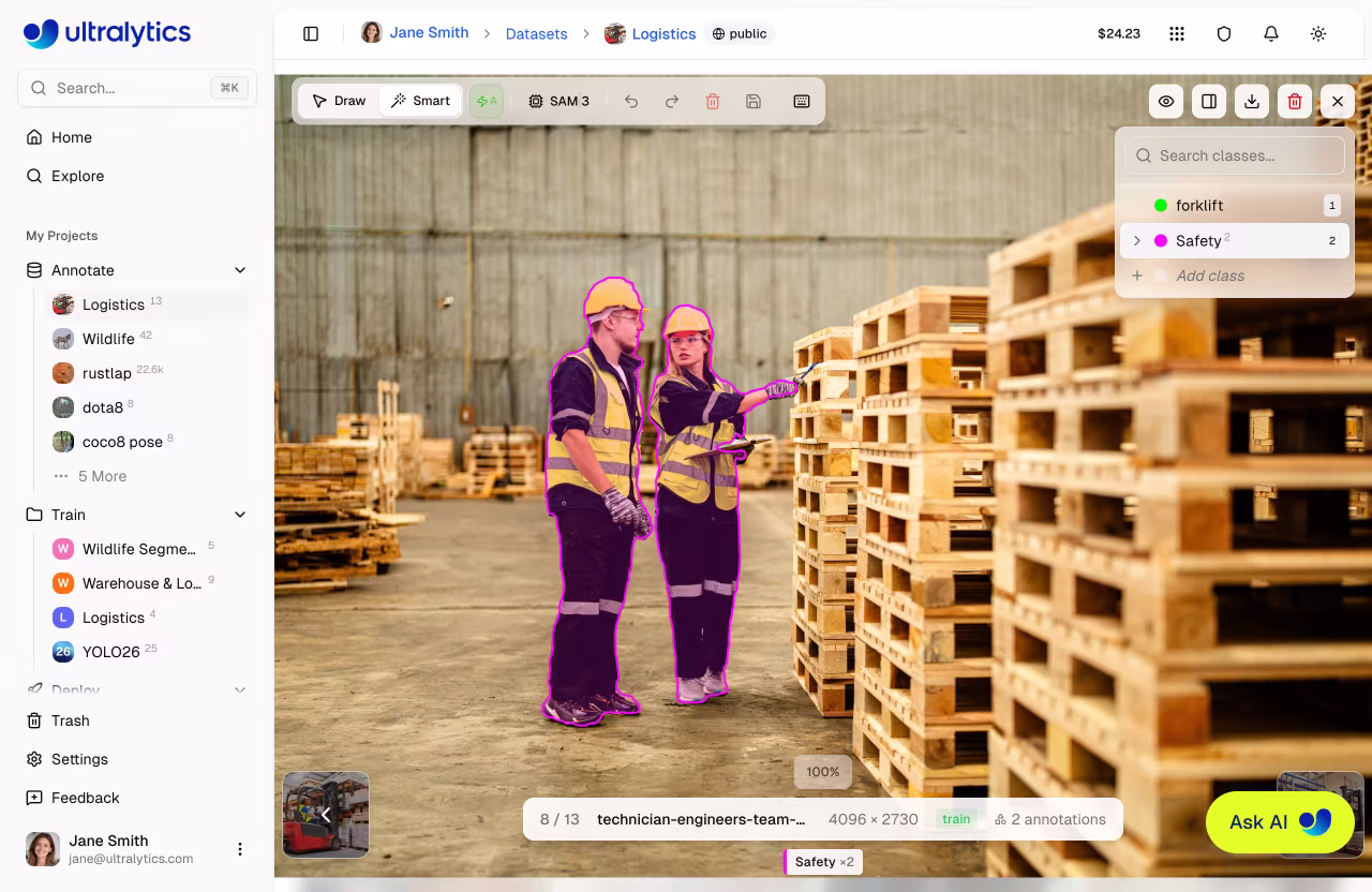 Ultralytics : «Аннотировать», Sam применение», «Переключить»