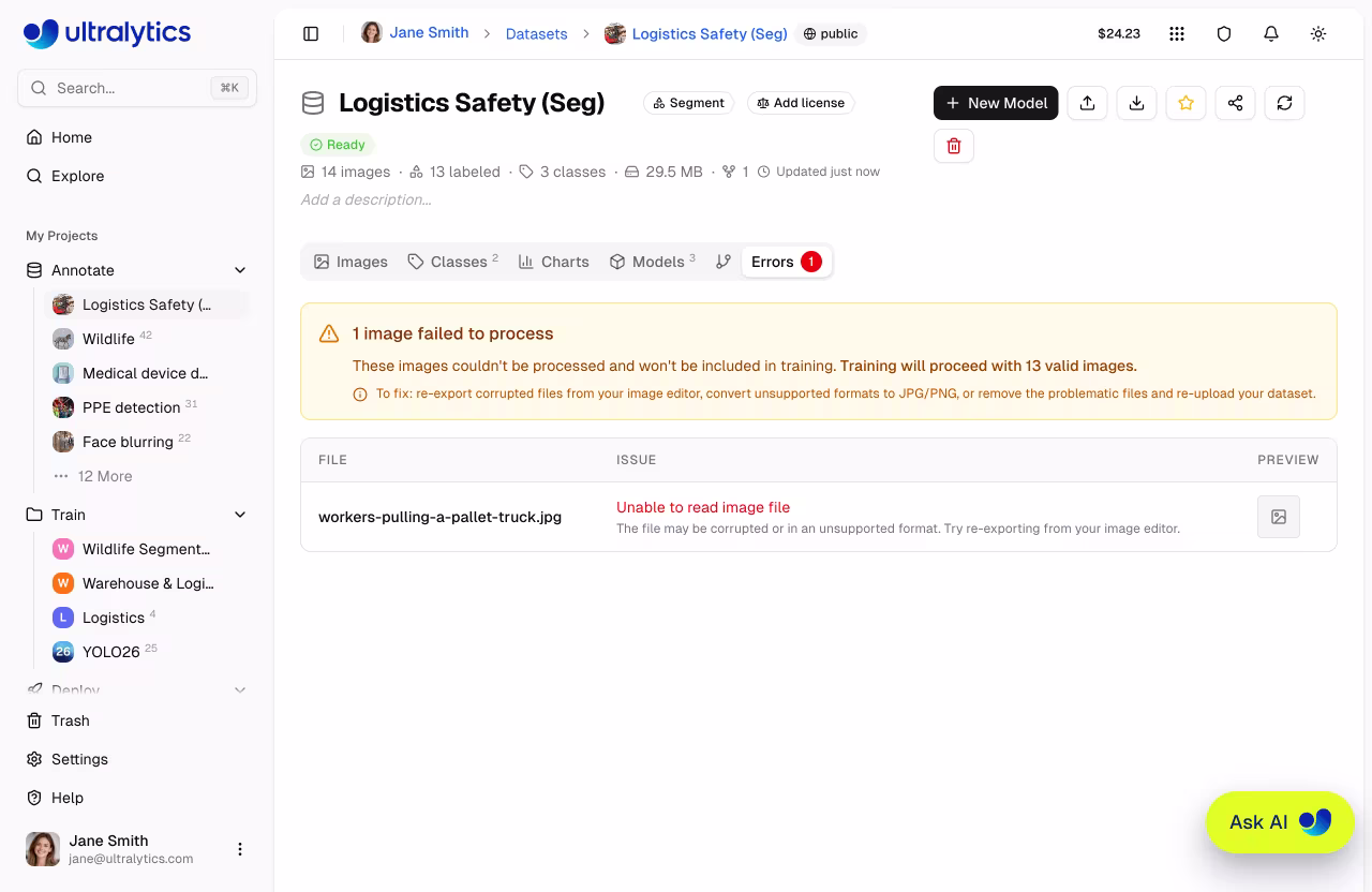 Ошибки на вкладке «Ошибки» в наборах данных Ultralytics