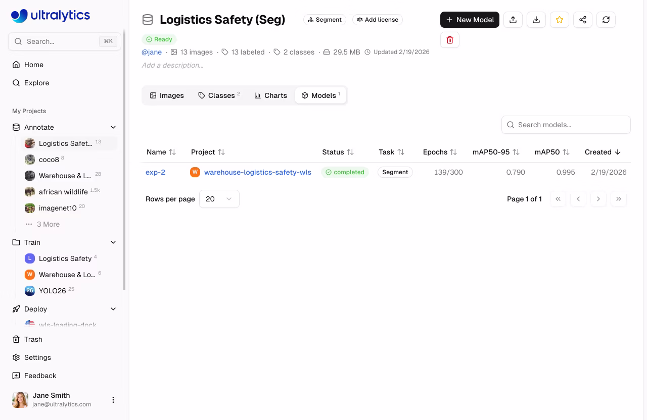 Ultralytics Наборы данных Вкладка «Модели» Таблица обученных моделей