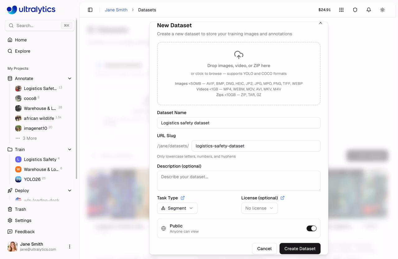Ultralytics Platform Hızlı Başlangıç Yükleme Diyaloğu
