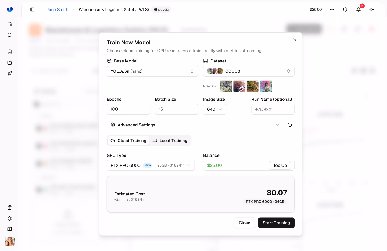 Formation à Ultralytics Onglet Dialogue Cloud