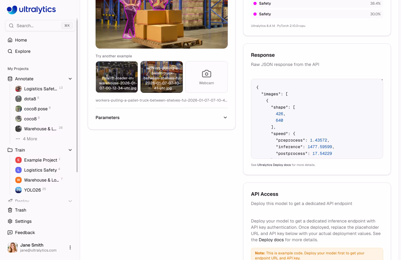 Ultralytics 예측 탭 JSON 응답 보기
