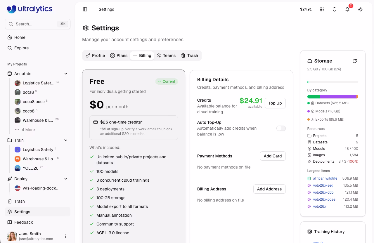Ultralytics 설정 청구 탭 크레딧 잔액 및 플랜 카드