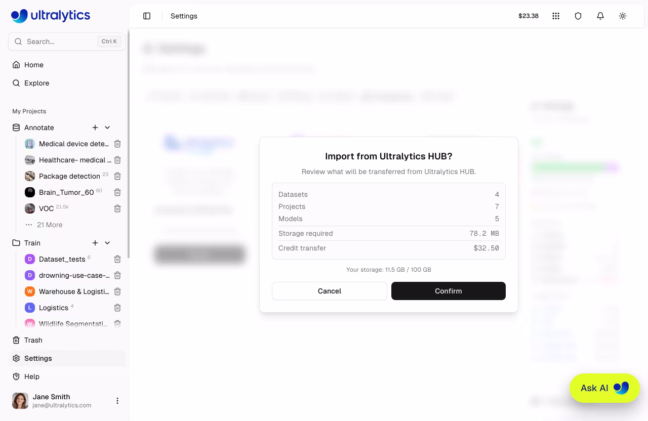 Ultralytics Platform Settings Integrations Hub Import Dialog