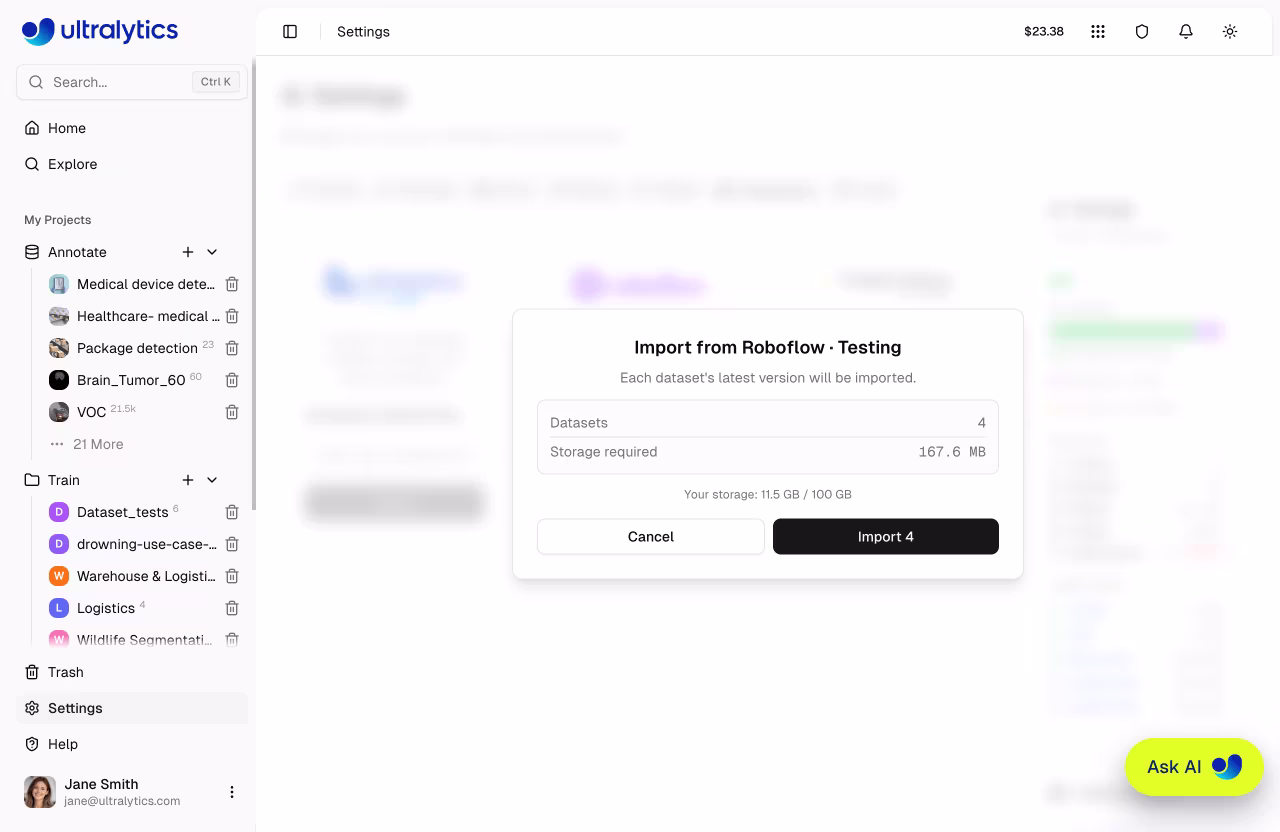 Ultralytics Platform Settings Integrations Roboflow Import Dialog