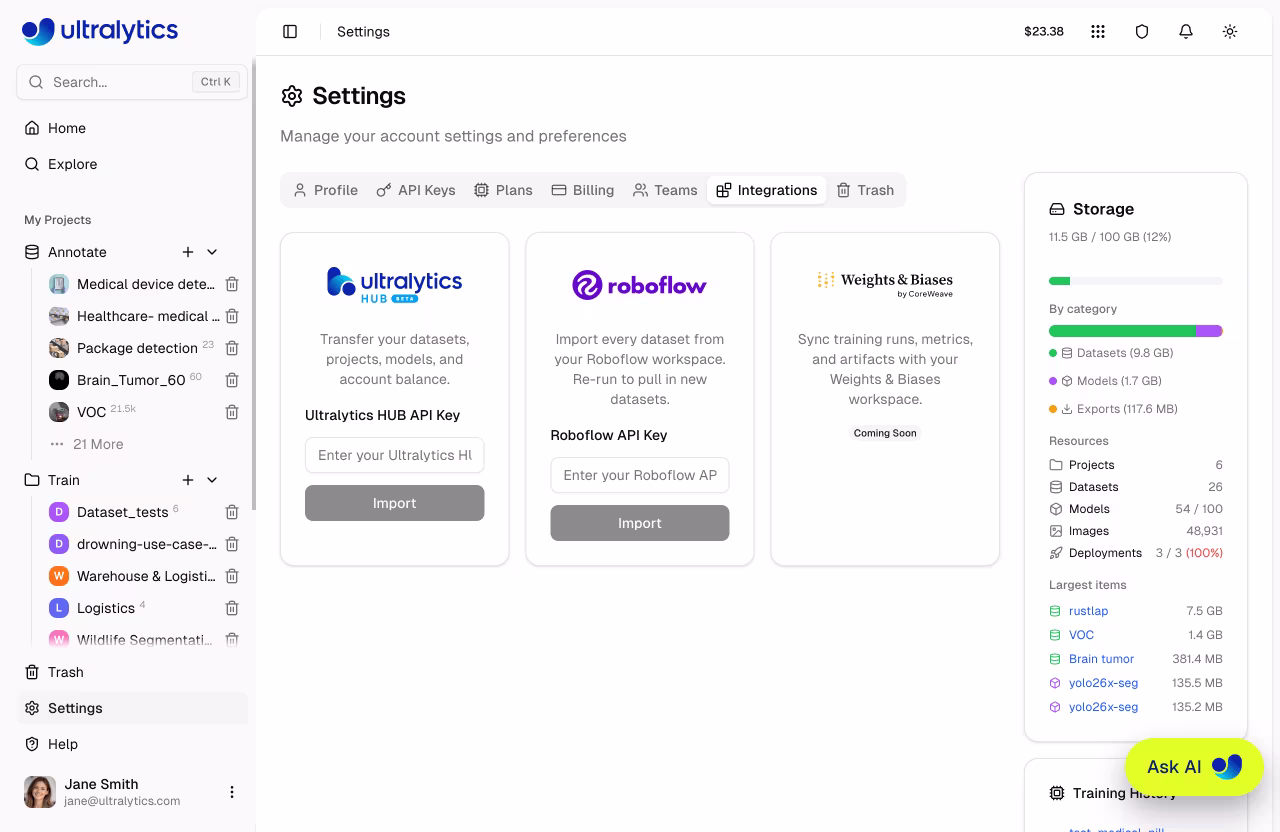 Tab Tích hợp trong Cài đặt Ultralytics Platform