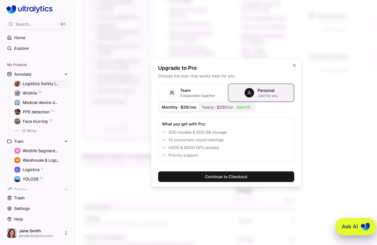설정 > 요금제 탭의 ‘Pro로 업그레이드’ 대화상자