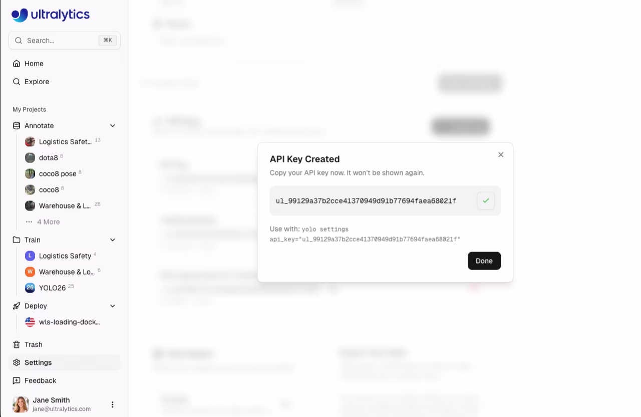 Настройки Ultralytics Вкладка «Профиль» Ключ API Создано Диалоговое окно «Копировать»