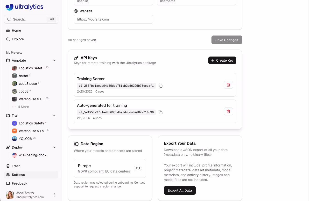 Настройки Ultralytics Вкладка «Профиль» Раздел «Ключи API» со списком ключей