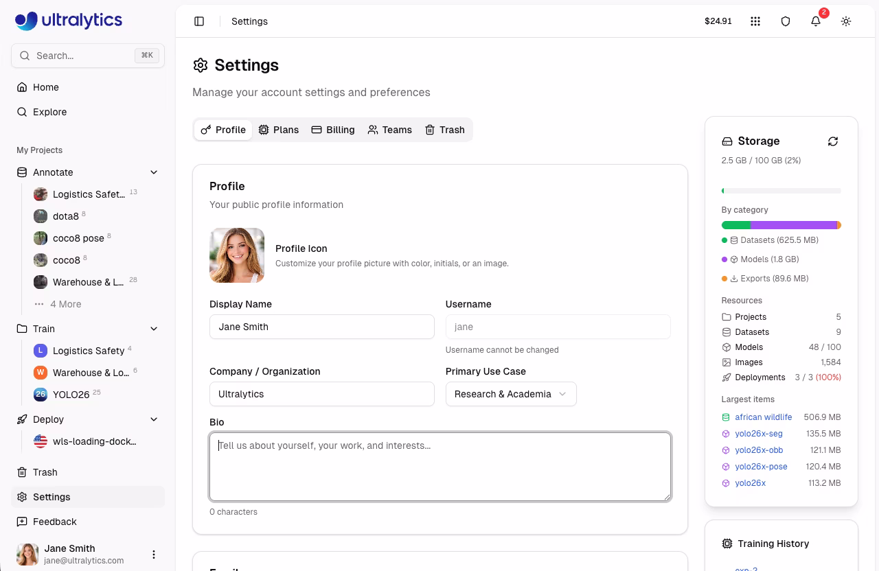 Impostazioni Ultralytics Scheda Profilo Nome visualizzato Biografia Campi aziendali