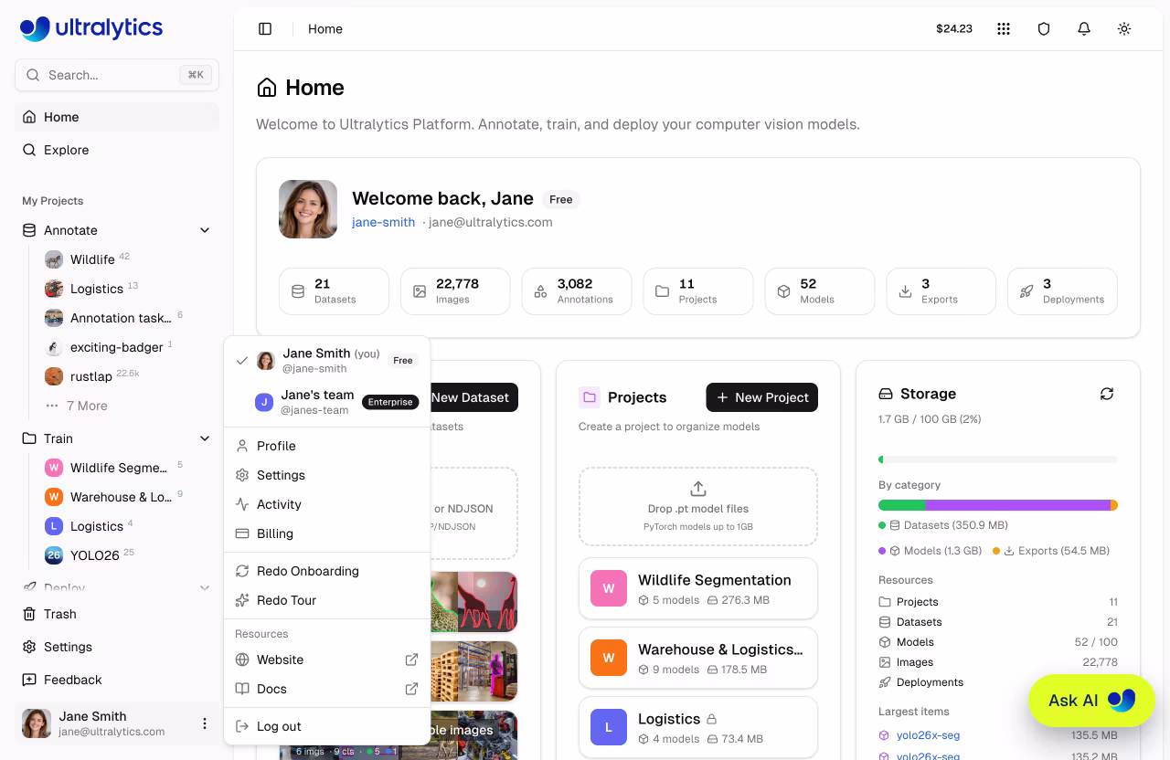 Ultralytics 팀 작업 공간 전환기 드롭다운