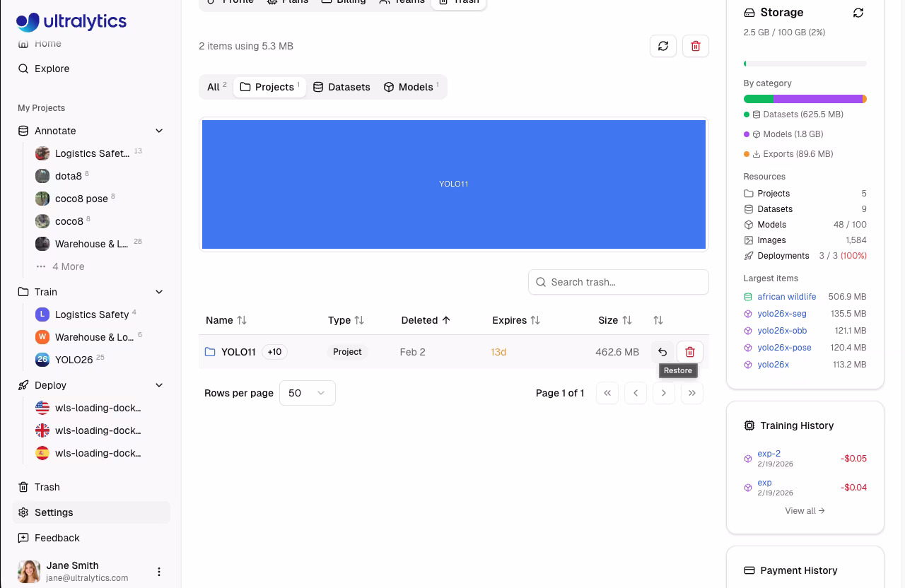 Impostazioni Ultralytics Scheda Cestino Pulsante Ripristina su elemento