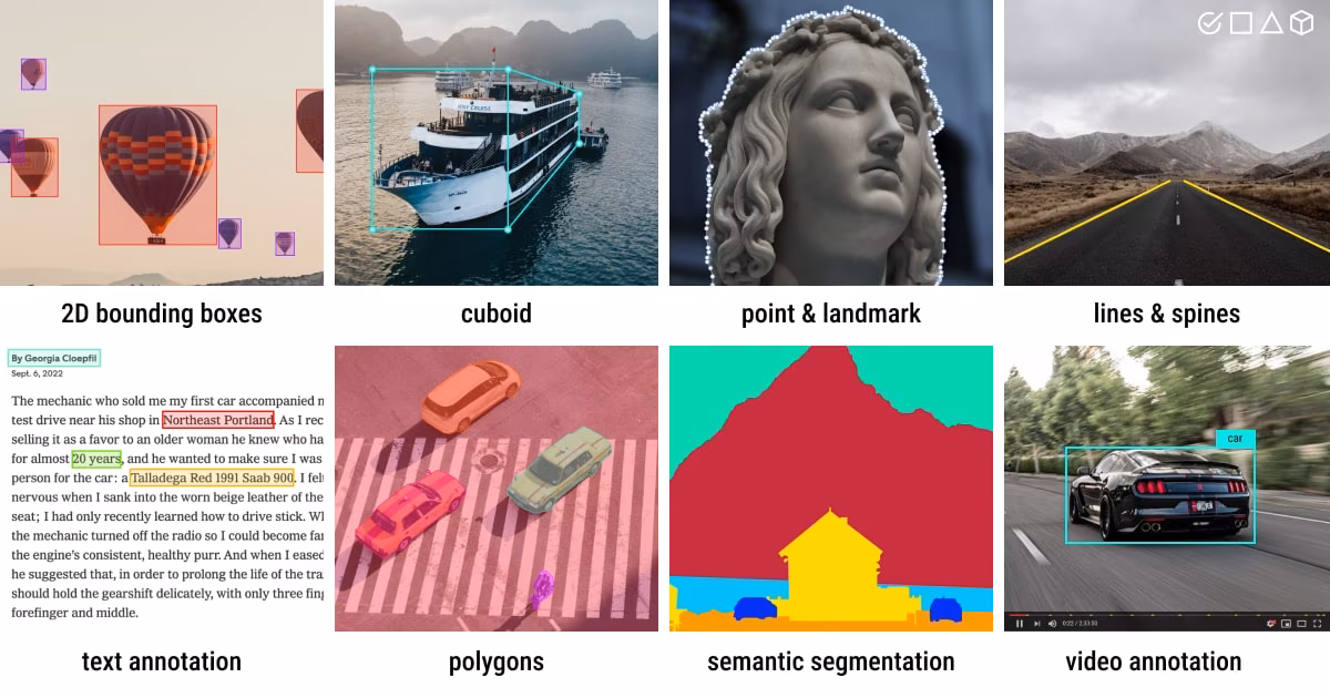 أنواع تعليقات البيانات بما في ذلك المربعات المحيطة والمضلعات والأقنعة