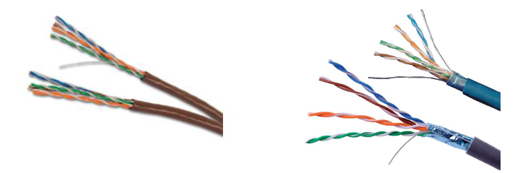 屏蔽双绞线(左)和非屏蔽双绞线(右)
