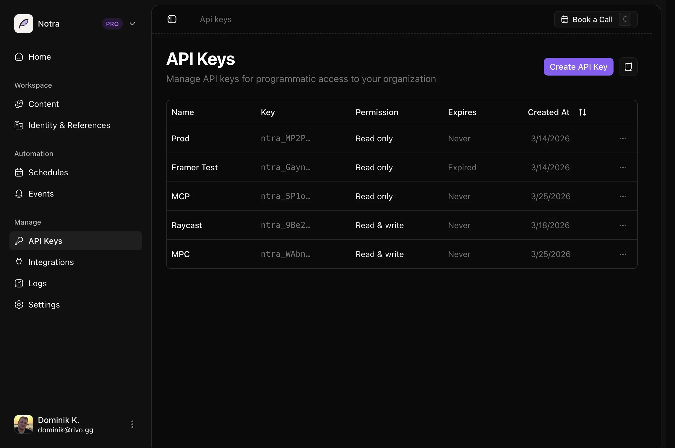 API Keys page in the Notra dashboard