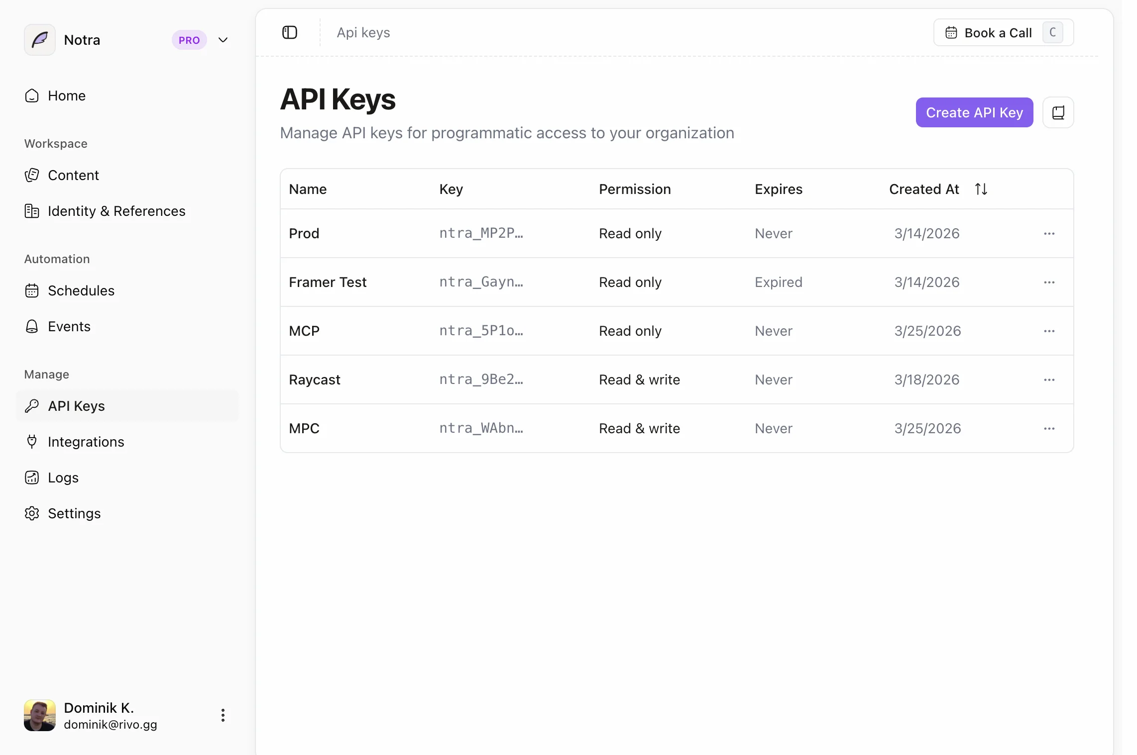 API Keys page in the Notra dashboard