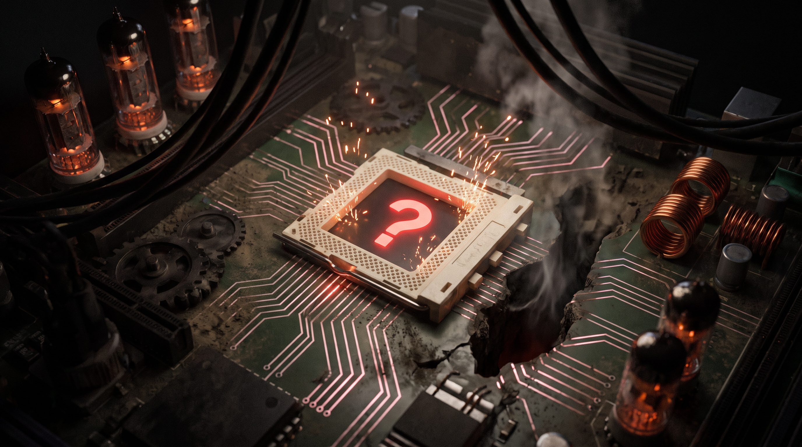 A computer motherboard with one empty chip socket