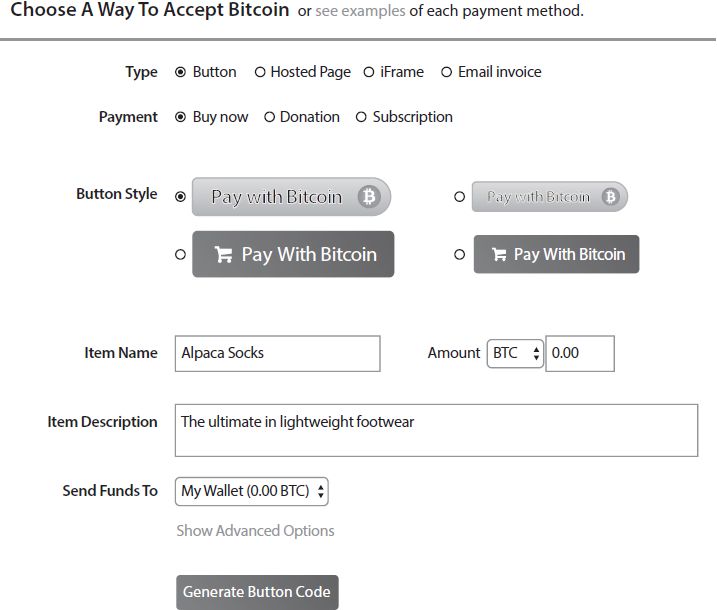 HÌNH 4.7. Ví dụ về giao diện dịch vụ thanh toán để tạo nút thanh toán bằng Bitcoin.