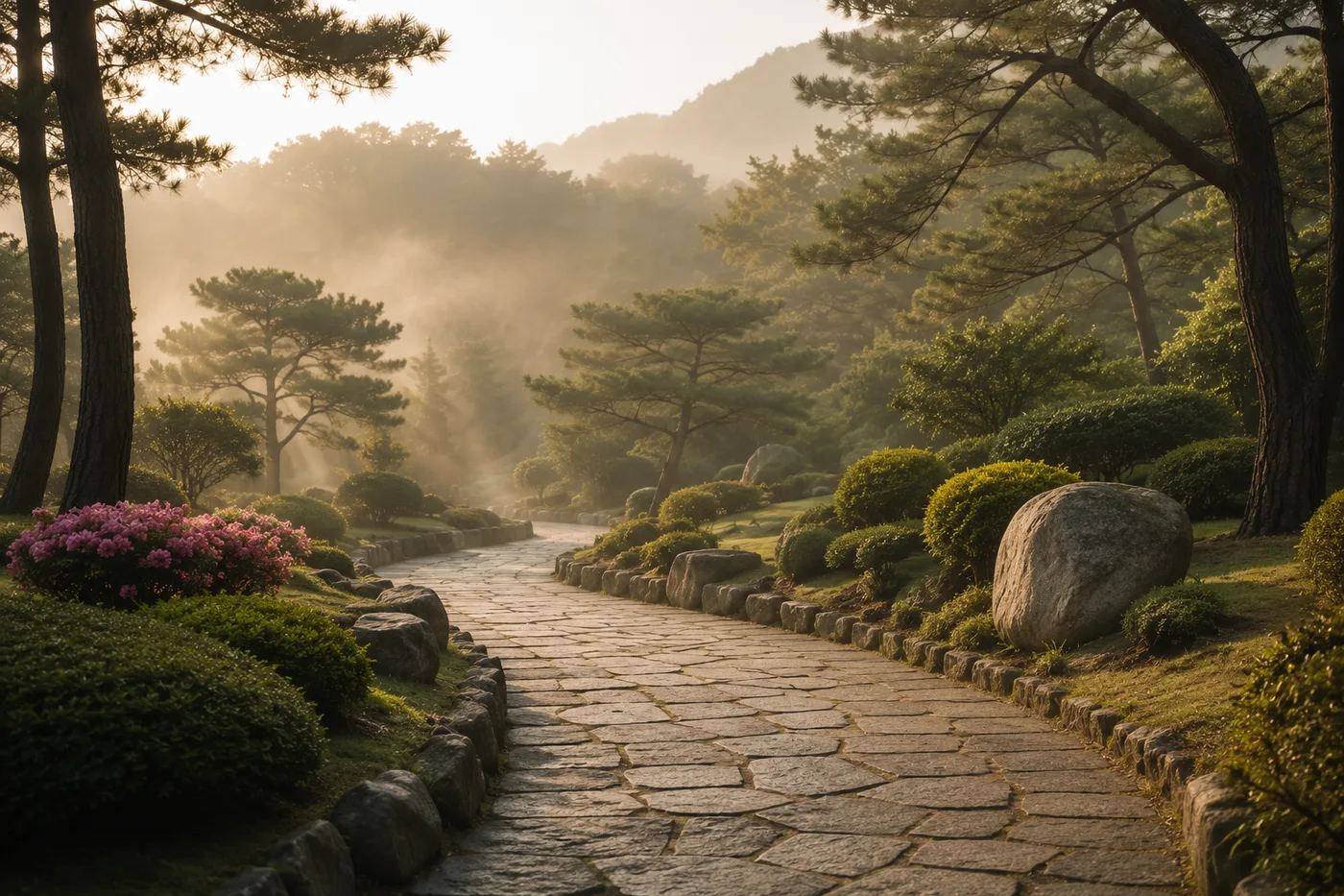 함께 걷는 동행의 길 — 새벽 정원의 돌길