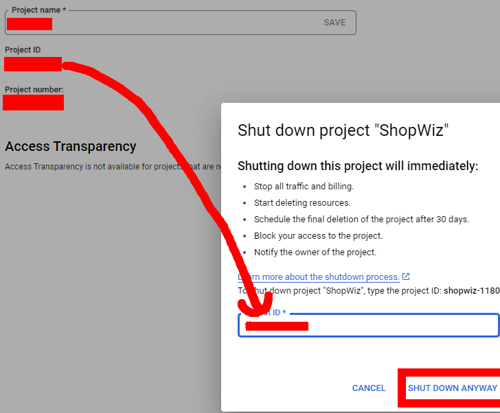 alt Google Cloud Console project Delete