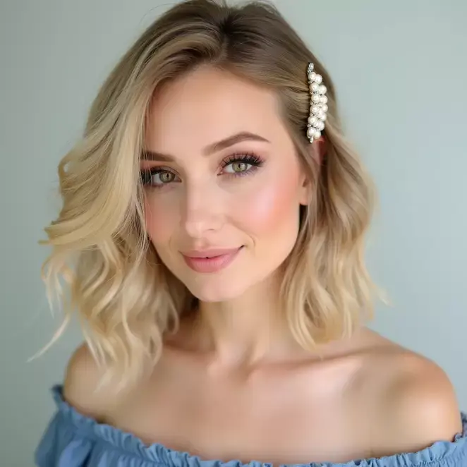 Une femme aux cheveux ondulés, blonds. Un petit bijou de cheveux orné de perles blanches est placé près de la ligne des cheveux.