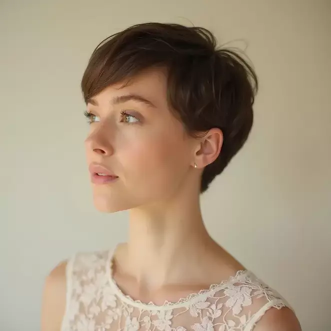 Une femme aux cheveux clairement courts, sans vagues, avec une coupe pixie.