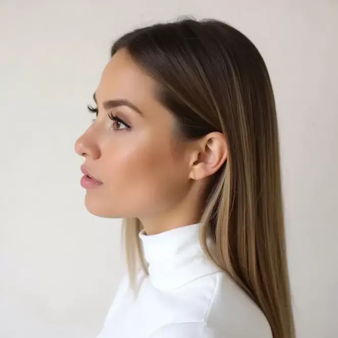 Une femme aux cheveux châtain clair, coupés au niveau des épaules, vue de profil. Ses cheveux sont lisses et droits.