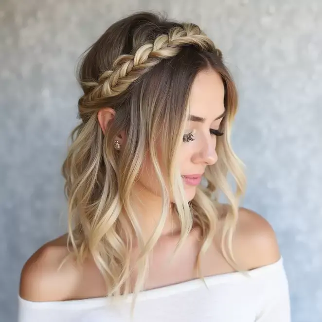 Une femme aux cheveux blond clair, ondulés et longs jusqu’aux épaules, porte une tresse en couronne.
