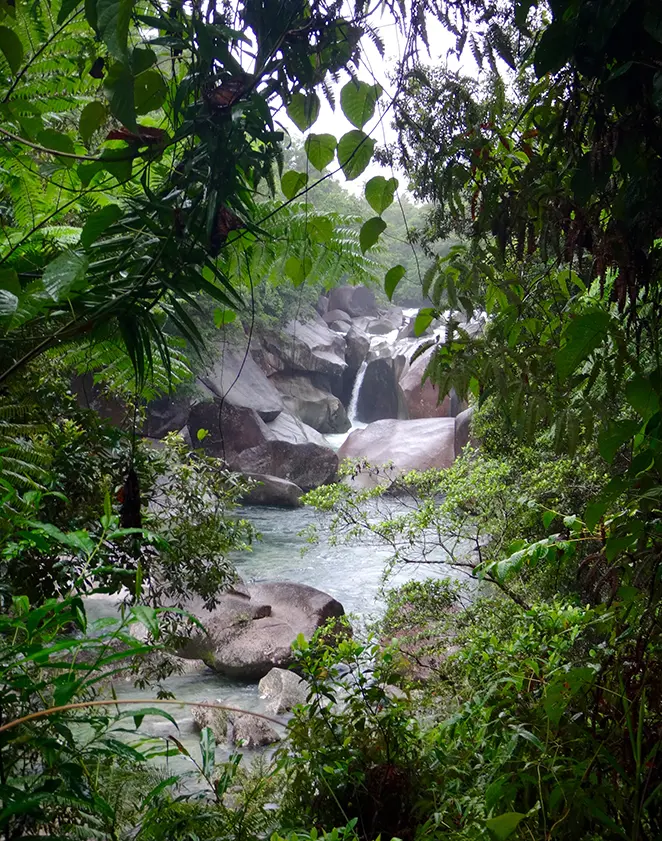 Cascade et rivière d'eau claire coulant à travers de gros rochers de granit dans la forêt tropicale de Babinda Boulders, Queensland.