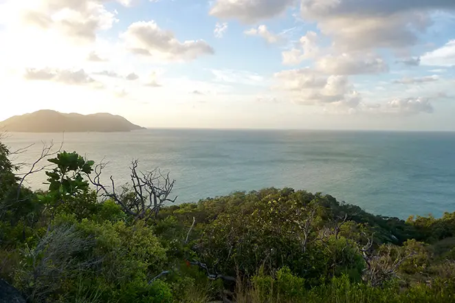 Vue panoramique sur l'océan et une île ou une péninsule lointaine, prise depuis une colline couverte de végétation côtière australienne, avec le soleil couchant ou levant en arrière-plan.