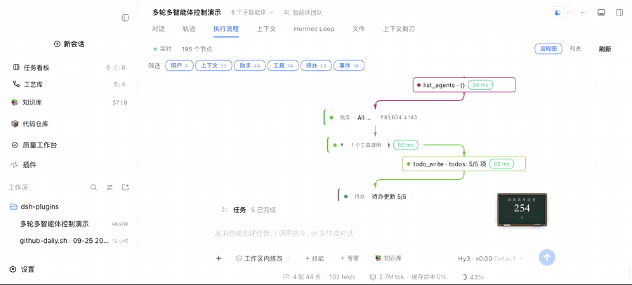 demo：实时流程图 · 展开折叠 · 双击详情 · 下钻子代理